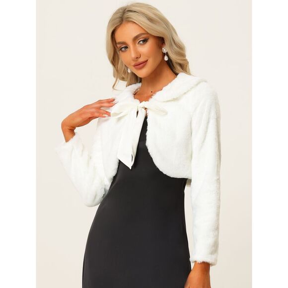 Faux Fur Bolero Shrug Crop Jacket Evening Bow Tie Front Fluffy Coat White - Picture 2 of 5